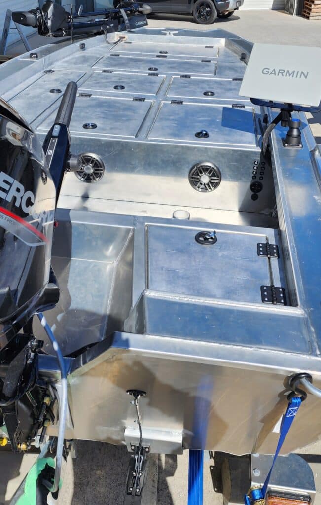 This tinnie Instal includes Garmin Marine, Gt56, Fusion Speakers and sound, Force trolling motor lighting and GLS10